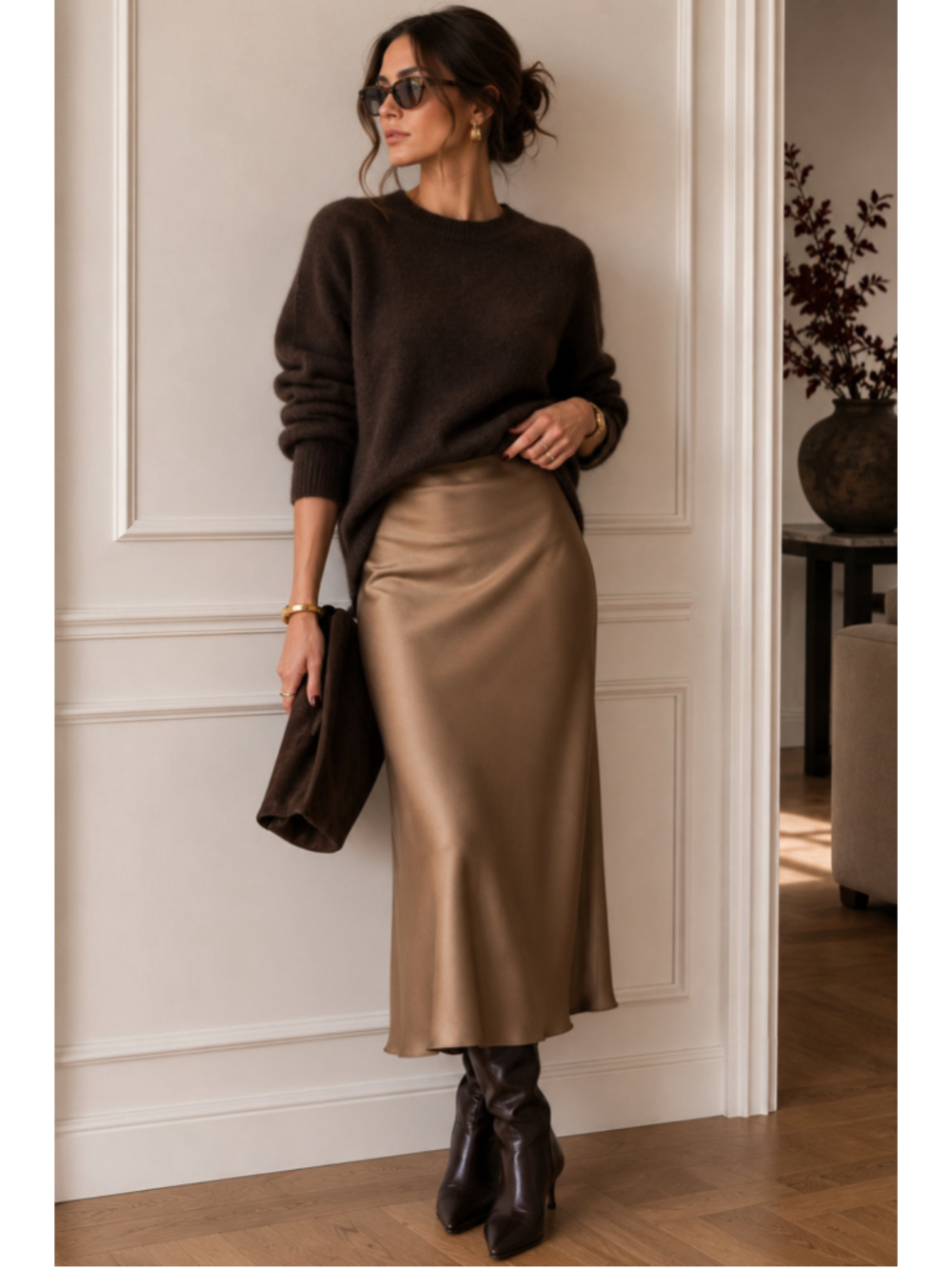 Jenni Kayne Taupe Satin Slip Midi Skirt Medium Quiet Luxury Minimalist